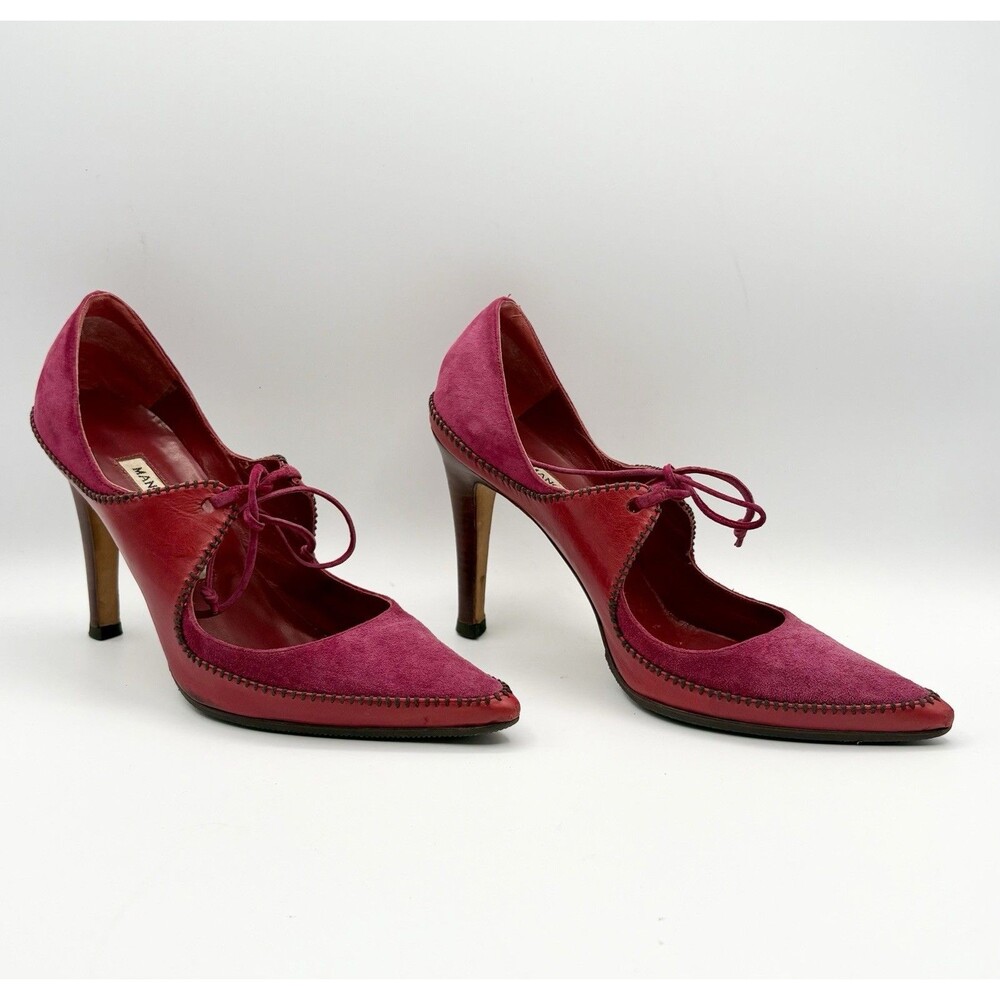 Manolo Blahnik Pink & Red Pointed Toe Heels Suede w/ Tie Accent Vintage Sz EU 37
